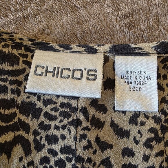 Chico’s Silk Animal Print Tie Front Blouse Top Size 0 XS Leopard Long Sleeve - Picture 9 of 14